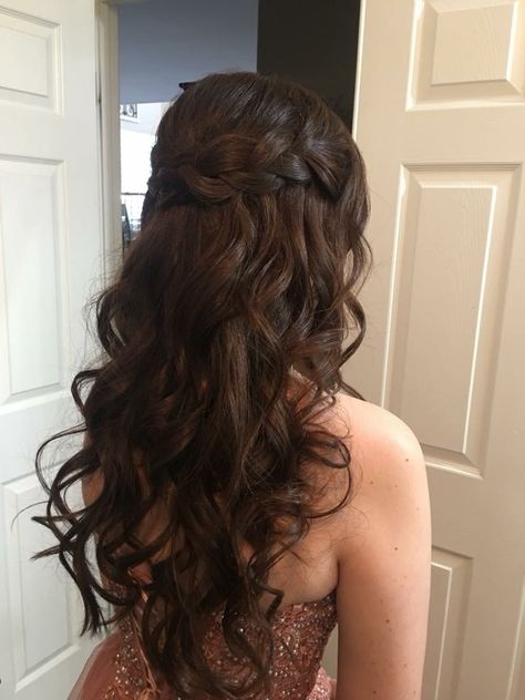 Prom Hairstyles For Long Hair With Braid, Braided Hairstyles For Quinceanera, Curled Hairstyles For Quinceanera, Prom Hairstyles Half Up Half Down Twist, Hair Braided Back Half Up, Prom Curls Hairstyles, Curls Prom Hairstyles, Curled Hair Down For Prom, Easy Fancy Hair Styles For Long Hair