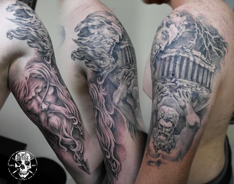 Greek mythology tattoo atlas Poseidon Parthenon and Zeus by AlexTattoo Greek Buildings Tattoo, Parthenon Tattoo, Buildings Tattoo, Arrows Tattoo, Building Tattoo, Greek Buildings, Greek Tattoo, Gray Colour, Tattoo Board