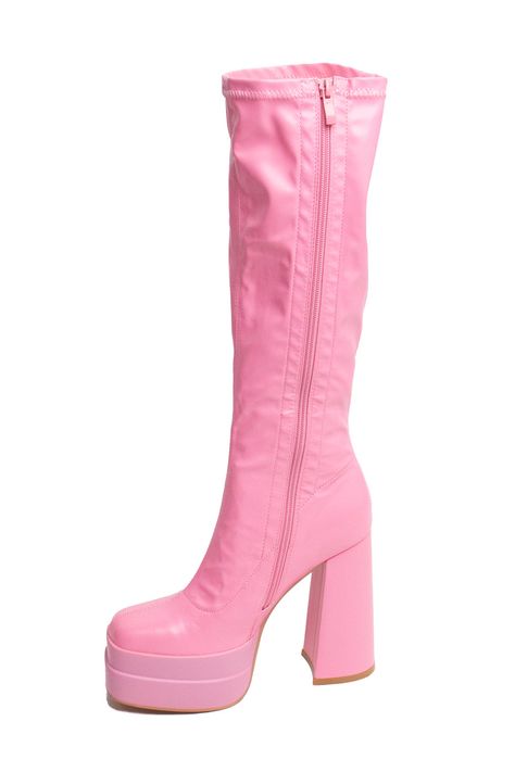 Pink Gogo Boots, Platform Gogo Boots, 1970s Fashion Trends, Pink Platform, Buckle Loafers, Pink Platforms, Gogo Boots, Daisy Earrings, 1970s Fashion