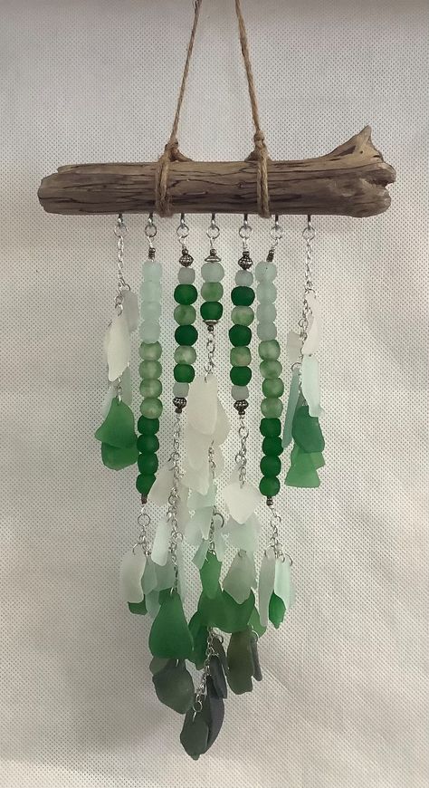 What To Make With Sea Glass Ideas, Sea Glass And Driftwood Crafts, Beach Glass Wind Chimes, Sea Glass Creations, Diy Sea Glass Crafts, Seaglass Decor, Sea Glass Hanging, Sea Glass Crafts Jewellery, Beach Glass Projects