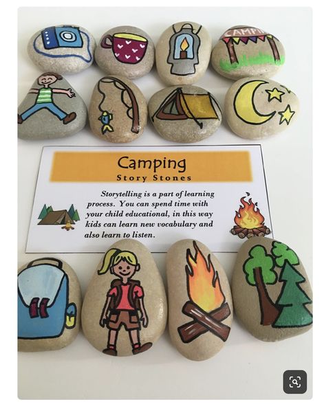 Story Rocks Ideas Painted Stones, Storytelling Stones, Rock Ornaments, Paint Nature, Story Stone, Story Stones, Story Activities, Adventure Gifts, Camping Games