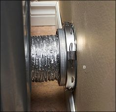 The answer to being able to push your dry up against the wall.....a magnetic attachment! Dryer Hose In Wall, Dryer Vent Ideas The Wall, Dryer Vent Ideas, Dryer Vent Solutions, Dryer Vent Box, Indoor Dryer Vent, Dryer Hose, Dryer Vent Hose, Dryer Duct