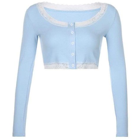 Cute Blue Single-breasted Lace Crop Top SP15904 - SpreePicky Crop Top Styles, Womens Lace Shorts, Patchwork Crop Top, Cardigan Long Sleeve, Long Sleeve Coat, Y2k Aesthetic Outfits, Lace Cardigan, Blue Crop Tops, Lace Patchwork