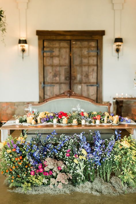 Enchanted Forest Wedding Head Table, Wildflower Wedding Head Table, Wildflower Head Table, Wildflower Forest Wedding, Wildflower Reception, Wildflower Wedding Table Decor, Bright Wildflower Wedding, Wildflower Wedding Decorations, Wildflower Wedding Reception