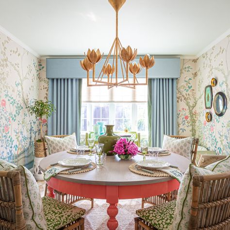 Painted Dining Room Table, Grand Millennial Style, Blue And White Wallpaper, Kate Smith, Southern House, Grand Millennial, Dining Room Blue, Boutique Interior Design, White Dining Room