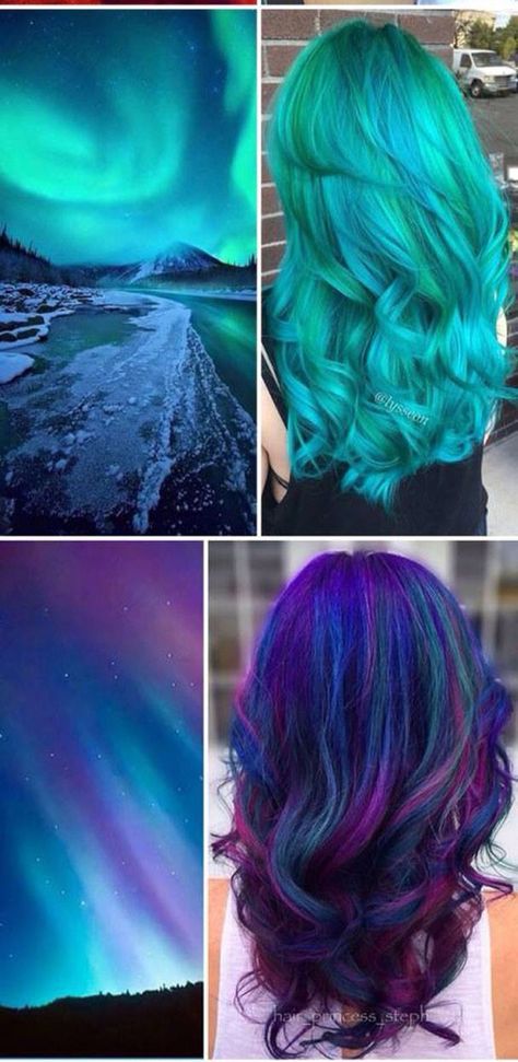 Color night sky Northern Lights Hair, Hair Goals Color, Galaxy Hair Color, Diy Ombre Hair, Fantasy Hair Color, Wild Hair Color, Galaxy Hair, Color Balayage, Balayage Ombre