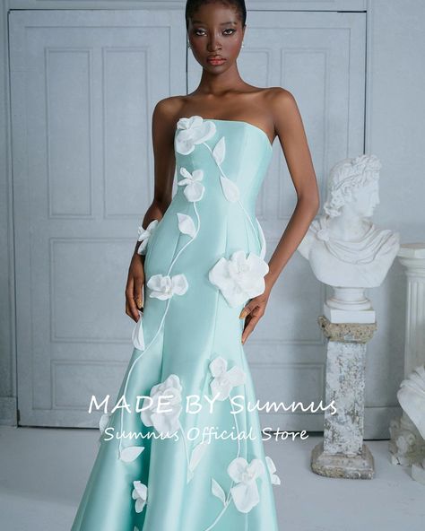 Sumnus A-Line Satin Sweetheart Hand-Made Flowers Long Sleeves Sweep Train Evening Dress Wedding Tiffany Blue Dress Outfit, Funky Dresses Unique, Flower Gown Dress, High Low Evening Dresses, Elegant Wedding Guest Dress, Designer Gown, Mean Blvd, Taffeta Dress, Pretty Prom Dresses