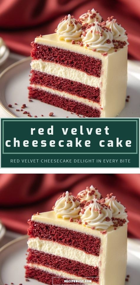 Indulge in this stunning Red Velvet Cheesecake Cake! With luscious layers of creamy cheesecake and rich red velvet, each bite is a delightful experience. Perfect for celebrations or a sweet treat any day! Boozy Red Velvet Cake, Keto Red Velvet Cheesecake, Red Velvet Cheesecake Cake Recipe, Fancy Red Velvet Cake, Filling For Red Velvet Cake, Red Velvet Cheesecake Factory Recipe, Red Velvet Box Cake Taste Like Bakery, Red Velvet Cake Ideas, Real Red Velvet Cake Recipe