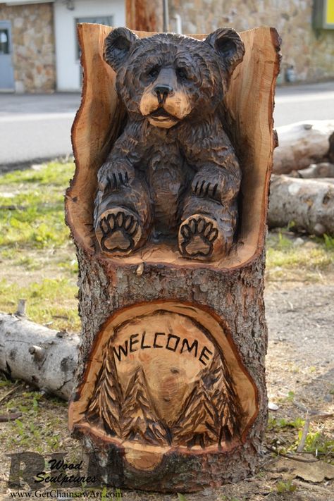 bears - RLH Wood Sculptures Carved Tree Stump, Chainsaw Carving Patterns, Black Bear Decor, Chainsaw Sculpture, Tre Kunst, Chainsaw Wood Carving, Bear Statue, Wood Sculptures, Bear Sculptures