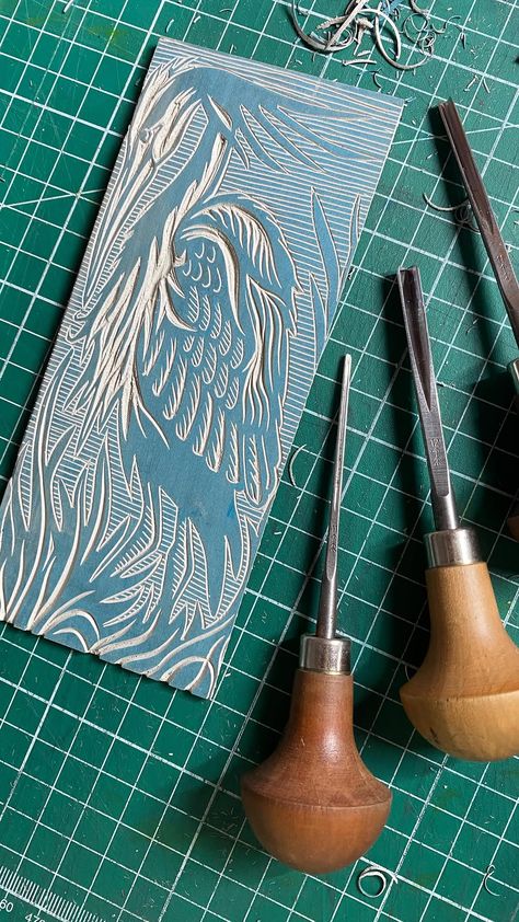 Jamie Richards - Printmaker | Heron - Linocut process It’s great to be back in the home studio carving a new block after a busy few weeks! Using up all of those saved... | Instagram Relief Printmaking, Grey Heron, Linoleum Print, Linocut Printmaking, Relief Printing, New Paper, Relief Print, Herons, Lino Print