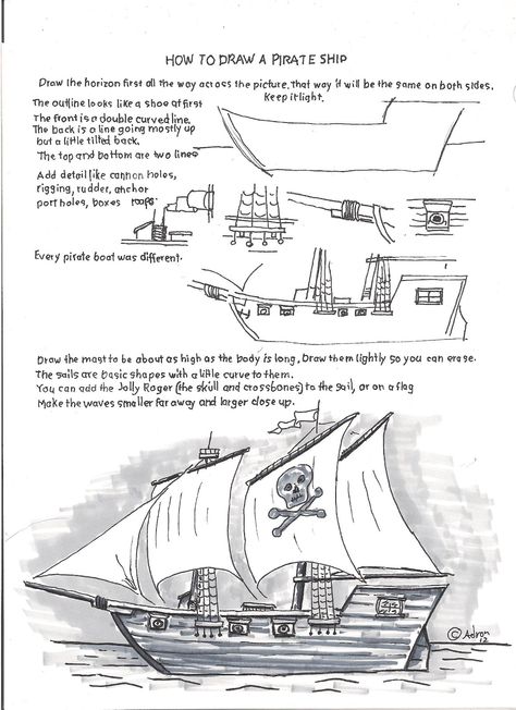 How to Draw Worksheets for Young Artist: How to Draw a Pirate Ship. Easy Worksheet Draw A Pirate Ship, Pirate Ship Drawing, Art Handouts, Draw Easy, Pirate Art, Ship Drawing, Homeschool Art, Poses References, Art Instructions