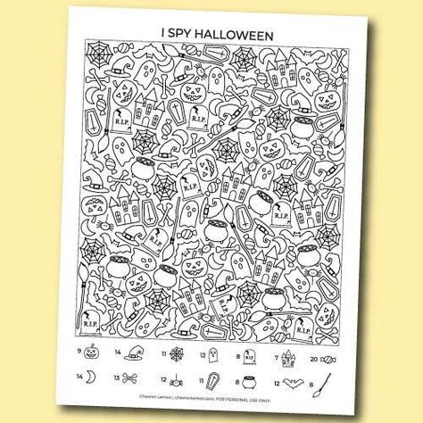 This free printable I spy Halloween is a fun game for kids. This printable will get your kids excited about the spooky season. Simply download the file and print it at home or at your local print shop. Have kids seek and find all the pumpkins, bats, witches brooms, spiders, ghosts, and more! This game is a great boredom buster, road trip, or party activity, that will keep kids entertained. This activity is not only fun, but it also helps improve concentration and attention span. Enjoy! Halloween Seek And Find Printable, Pictures Of Halloween, I Spy Halloween, Spy Halloween, Witches Brooms, Spooky Houses, Halloween Party Activities, Seek And Find, Hindi Worksheets