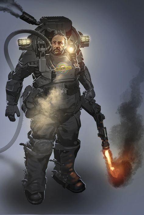 "Outland - Space Miner Suit" by Aaron McBride Space Miner, Sci Fi Character Design, Sci Fi Rpg, Traveller Rpg, Post Apocalyptic Art, Power Armour, Planets Art, New Gods, Power Armor