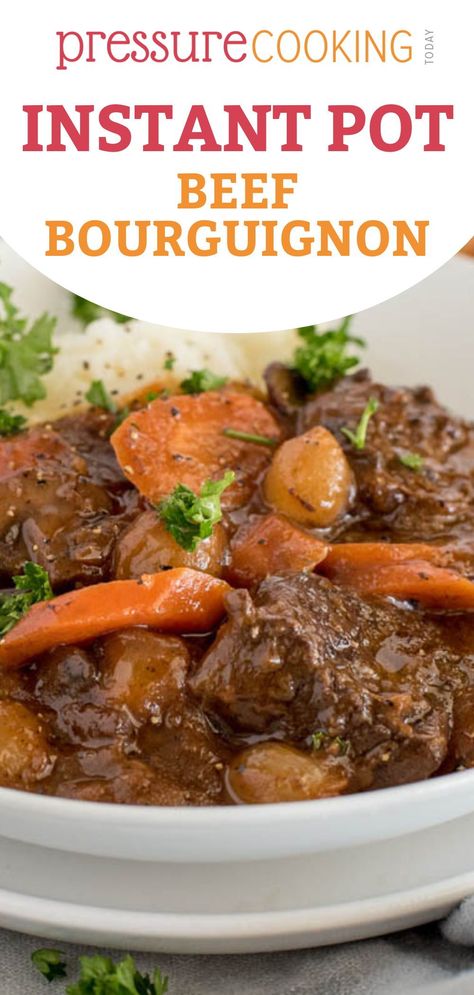 Instant Pot Beef Bourguignon Recipe, Instant Pot Beef Bourguignon, Beef Burgundy Recipe, French Beef Stew, Beef Burgundy, Tomato Beef, Beef Bourguignon Recipe, Pressure Cooking Today, Hearty Beef Stew