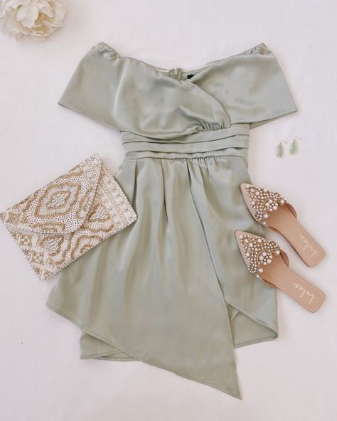 Sage Green Mini Dress, Wedding Guest Looks, Green Mini Dress, Asymmetrical Skirt, Green Satin, Inspired Dress, Wedding Guest Dress, Sage Green, Link In Bio