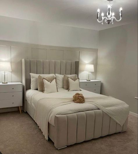 Beige Room Ideas, Nude Bedroom Ideas, Cream Bed, Cream And White Bedroom, Grey Bedroom Decor, Fabric Bed Frame, White Room Decor, Bed Frame Design, Classy Bedroom