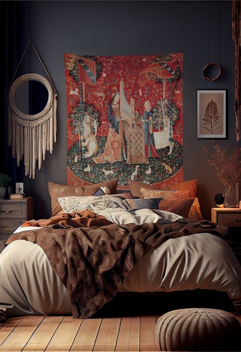 Lady With Unicorn Tapestry - Sound Hearing (Printed) Tapestry In Bedroom, Boho Tapestry Bedroom, Boho Beds, The Lady And The Unicorn, Ladies Costumes, Lady And The Unicorn, Unicorn Tapestry, Witchcraft Decor, Unicorn Tapestries