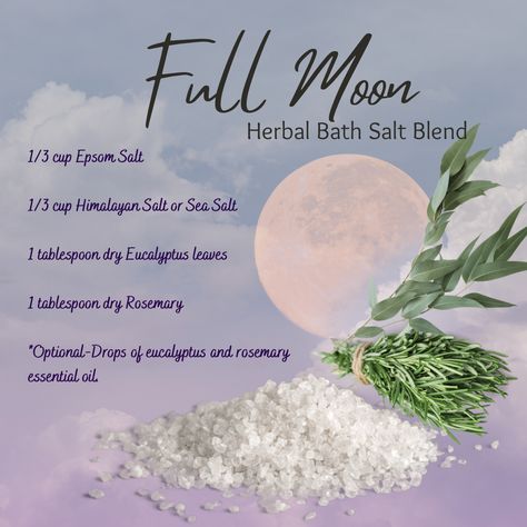 Recipe how to make herbal bath salt for full moon ritual Full Moon Bath Soak Recipe, Zodiac Bath Salts, Full Moon Bath Recipe, Full Moon Bath Ritual, Witch Basics, Hello Witchling, African Astrology, Salt Ritual, Herbal Bath Recipes