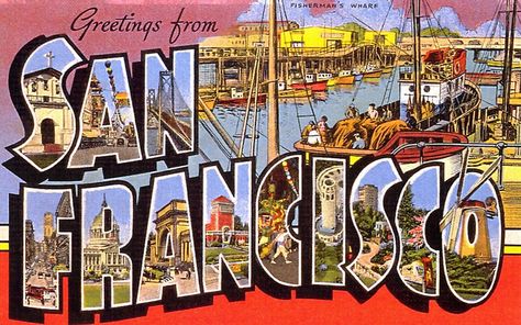 Greetings from San Francisco by M.LaFlaur, via Flickr San Francisco Postcard, Postcard Font, Sam Francisco, California Postcard, Dutch Windmills, Art Ancien, Big Letters, Antique Images, California Art