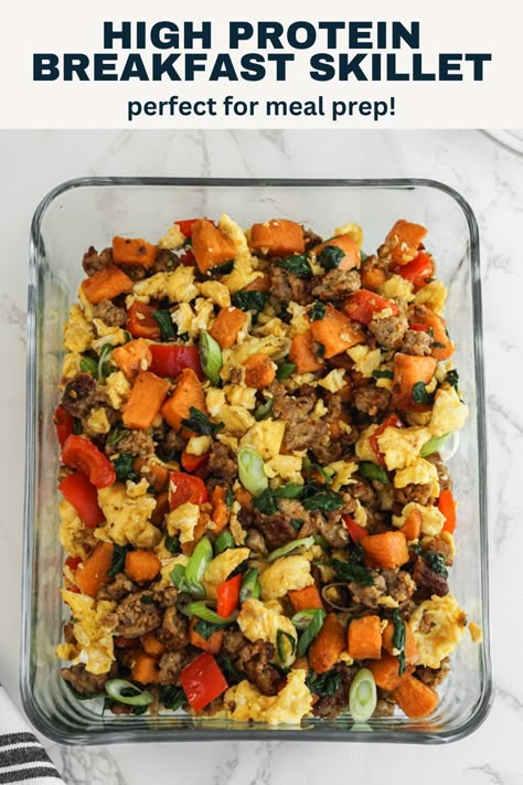 This high protein easy breakfast skillet is a one pan meal that is great for meal prep. This healthy breakfast sweet potato scramble includes eggs, sausage, sweet potatoes, spinach and red bell pepper. It is a balanced breakfast than comes together in 30 mins or less. Meal Preps Breakfast, Breakfast Veggie Scramble, Healthy Breakfast For On The Go, High Protein Egg Scramble, High Protein Breakfast Sausage, Meal Prep Breakfast Scramble, Breakfast Meal Prep With Eggs, Chicken Sausage Meal Prep Healthy, High Protein Breakfast Skillet