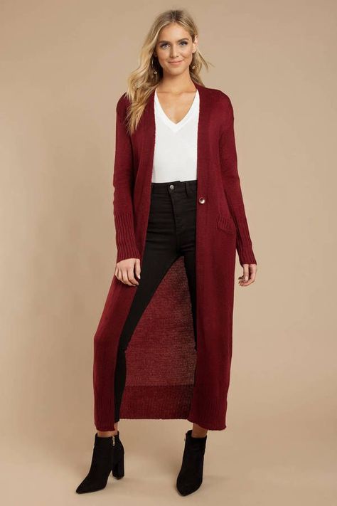 ecd62de20ea67e1c2d933d311b08178adesc52505170ri Wine Cardigan Outfit, Duster Outfit, Outfit Cardigan, Cardigan Outfit, Lucid Dreams, Red Cardigan, Outfit Dress, Cardigan Outfits, Casual Fall Outfits