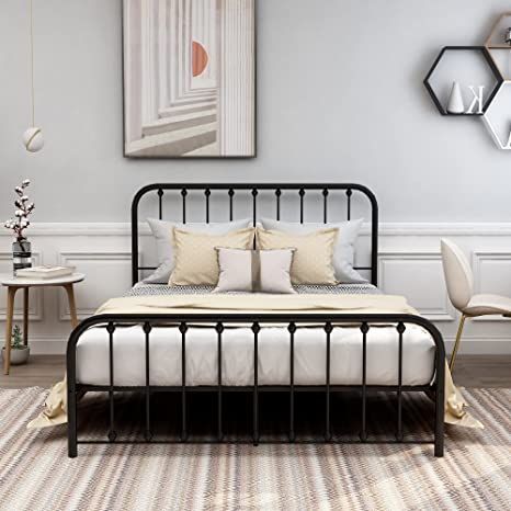 WJORATA Metal Platform Bed Frame Queen Size with Headboard and Footboard,No Box Spring Needed Black Basement Refresh, Full Metal Bed Frame, Vintage Headboards, Low Profile Platform Bed, Bed Metal, Full Size Bed Frame, Full Bed Frame, Queen Size Bed Frames, Twin Bed Frame