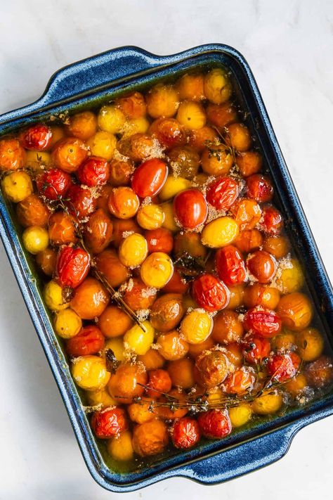 Tomato Confit Tomato Confit Recipes, Watermelon Appetizer, Tomato Confit, Confit Recipes, Caprese Pasta Salad, Caprese Pasta, Roasted Cherry, Roasted Cherry Tomatoes, Spicy Honey