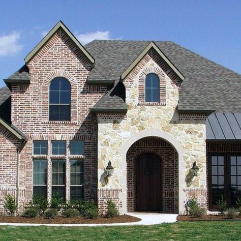 Top 50 Best Brick And Stone Exterior Ideas - Cladding Designs Home Building Must Haves, Brick Front Door, Brick Exterior Design, Brick And Stone Exterior Combinations, Brick And Stone Combinations, Stone Wall Living Room, Florida House Plans, Stone Exterior Houses, Brick Ideas