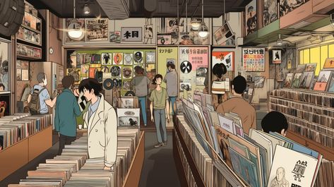 Record Store Drawing, Vinyl Music Aesthetic, Vinyl Shop Aesthetic, Record Store Aesthetic, Interior Concept Art, Vinyl Record Shop, Vinyl Record Store, Street Music, Dj Art