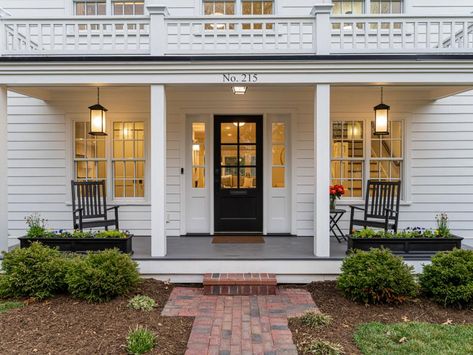 Front Porch With Rocking Chairs Porch With Rocking Chairs, Front Porch With Rocking Chairs, Ceiling Colors, Bright Front Doors, Front Porch Door, Craftsman Style Doors, Front Porch Railings, Brick Steps, Custom Railing