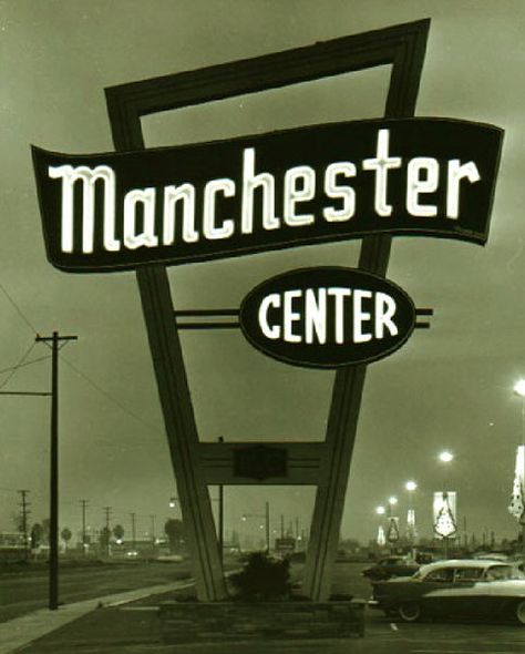 Manchester Center when it was thriving in the 1950's and 60's.  This is about 1957, Christmas from the fog and banners. Fresno Bulldogs, Fresno City, Clovis California, Tulare County, Fresno County, San Joaquin Valley, Center Signs, Fresno California, Vintage Neon Signs