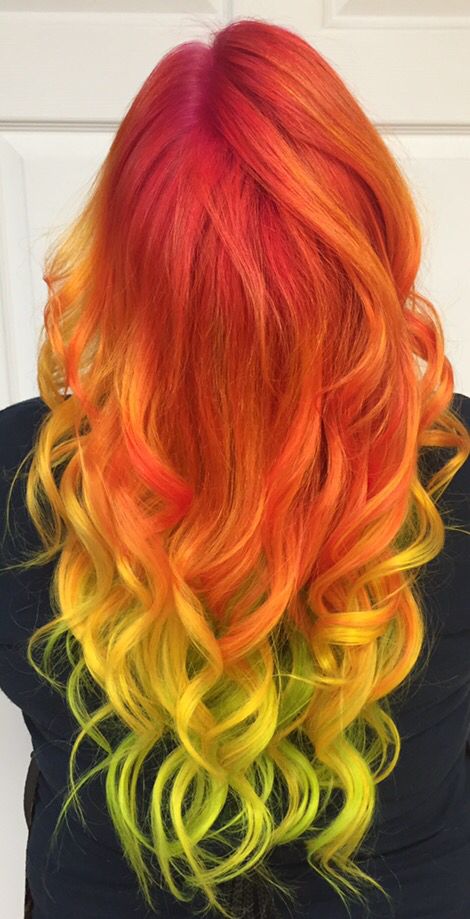 Pravana Magenta, Neon yellow, and Neon green by Afton Malone at First Impression Salon Red Yellow Ombre Hair, Colormelt Hair, Yellow Tips, Yellow Hair Color, Sunset Hair, Fire Hair, Temporary Hair Dye, Colored Hair Tips, Vivid Hair Color