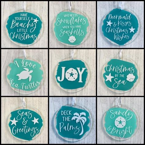 Florida Christmas Ornaments Diy, Beach Christmas Signs, Beachy Ornaments Diy, Diy Ocean Ornaments, Diy Beachy Christmas Ornaments, Beachy Christmas Ornaments, Cali Christmas, Seaglass Christmas, Seaside Christmas