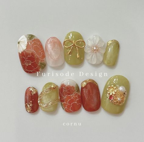 Japanese Fall Nails, Persimmon Nails, Omakase Nails, Japanese Nail Art Elegant, Japanese Inspired Nails, Vintage Nail Art, Nail Education, Artsy Nails, Korea Nail