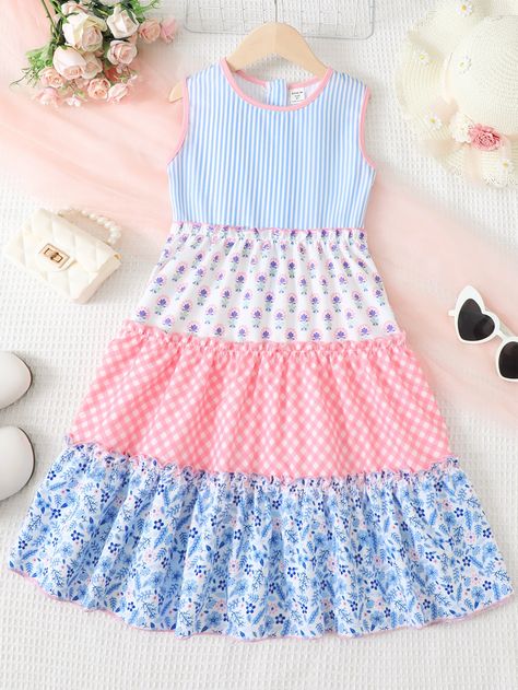 Multicolor Boho Collar Sleeveless Woven Fabric Gingham,Ditsy Floral A Line Embellished Non-Stretch  Girls Clothing Silk Dress Pattern, Girl Silk Dress, Girls Dress Pattern Free, Baby Dress Embroidery, Girls Cotton Dresses, Baby Clothes Patterns Sewing, Trendy Girls Outfits