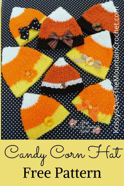 Super sweet free candy corn crochet hat pattern for you to enjoy! I hope this will help you make your little one's the sweetest little things in town. Embellish to your hearts content, then add a cute tee shirt to match and your little will rock those visit's to the pumpkin patch. Candy Corn Crochet, Corn Crochet, Mountain Crochet, Candy Corn Hat, Crochet Pour Halloween, Crochet Shoes Pattern, Bonnet Crochet, Crochet Hats Free Pattern, Crochet Fall