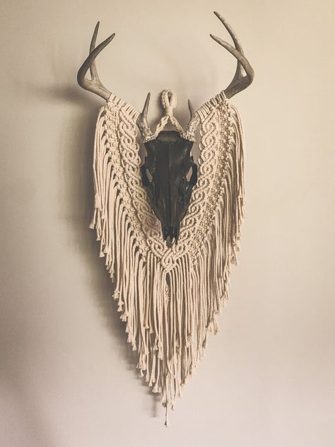 Antler Home Decor Ideas, Macrame Antler Diy, Whitetail European Mount Ideas, Deer Skull Macrame, Macrame Antlers Wall Hangings, Deer Skull Mount Ideas, Goth Macrame, Deer Antler Crafts Diy, Deer Antler Macrame