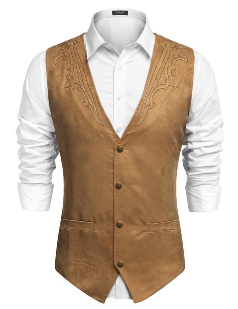 PRICES MAY VARY. HIGH QUALITY-This Men's Cowhide Suede Vest ,high quality fabric blend made; Soft, elastic resistant washing and durability. DESIGN- Men's Leather Vest ,Authentic western style leather vest, with well make, design perfect details ,front have four Button Closures and two real welt pockets. This Suede Satin Vest ,suitable for work,party,ball,wedding,date,daily look ，rider......from working the ranch to working a cocktail party! Men's waistcoat vest can match with dress shirt, jacke Western Vest, Mens Waistcoat, Leather Suit, Suede Vest, Sleeveless Outfit, Vest Waistcoat, Men Suede, Casual Vest, Black Vest