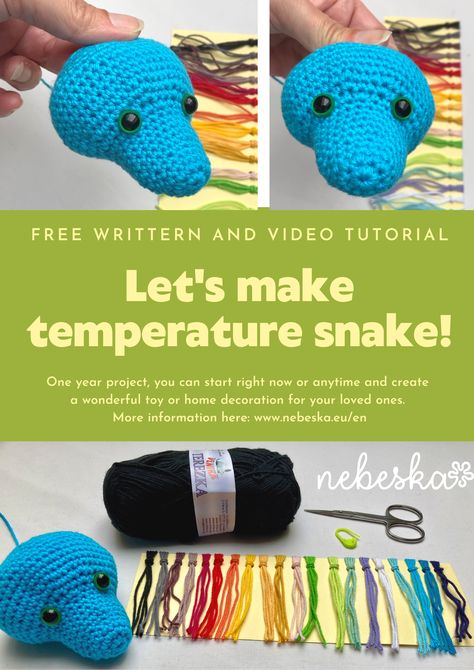 I prepared for you the Temperature Snake project – this is an amigurumi-style toy concept! After crocheting the amigurumi head for your snake, its body will progress throughout the year, with one stripe per day representing the temperature of that day. You can choose to crochet minimum, maximum, average or any day’s time temperature. I’ll show you how to create temperature range and how to choose a temperature range colors for your climate, and how to design a color scheme with your yarns. Crochet Snake, Scrap Yarn Crochet, Temperature Blanket, Crochet Unique, Quick Crochet Patterns, Crochet Patterns Free Blanket, Quick Crochet, Crochet Stitches Tutorial, Crochet Stitches Patterns