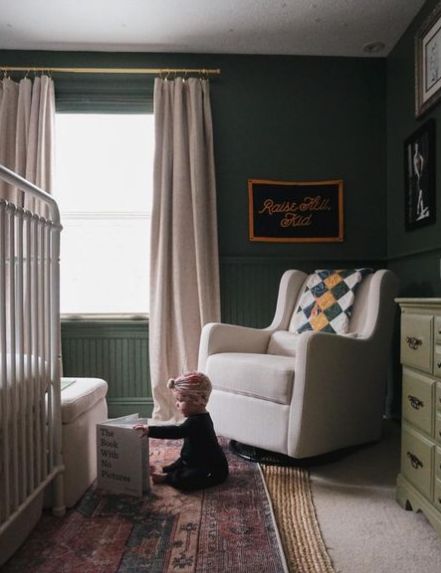 Credit: Hannah Edwards Sw Rookwood Dark Green, Rookwood Dark Green, Harry Potter Dorm Room, Dark Green Nursery, Harry Potter Dorm, Sherwin Williams Paint Neutral, Green Nursery, Neutral Paint Colors, Green Paint Colors