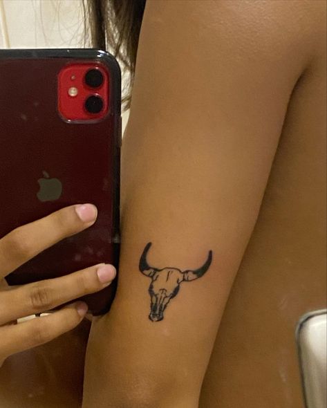 Bull With Horns Tattoo, Cow Skull Tattoo Traditional, Taurus Neck Tattoo, Patchwork Tattoo Western, Bull Tattoos Feminine, Western Wrist Tattoos, Small Taurus Tattoo, Long Horn Tattoo For Women, Taurus Bull Tattoo