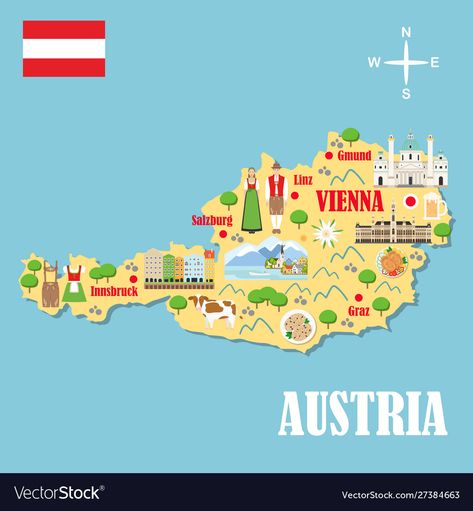 Vienna Map, Austria Map, Austria Flag, Graz Austria, Austria Travel, Card Drawing, Travel Illustration, Innsbruck, Illustrated Map