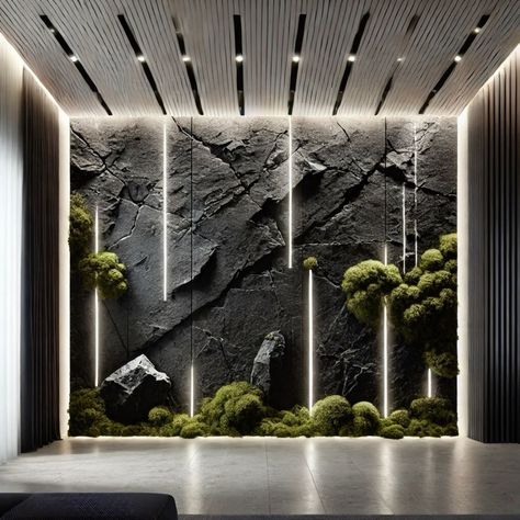 Indoor Vertical Garden Wall, Organic Ceiling Design, Black Stone Wall, Car Porch Design, Green Wall Design, Drawing Room Furniture, Colorful Lighting, Vertical Garden Indoor, Vertical Garden Wall