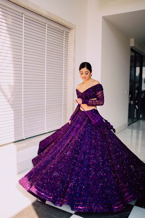 designer lehenga, sunaina khera Indian Bridesmaid Lehenga, Royal Purple Lehenga, Purple Lehenga Designs, Purple Indian Wedding, Shaadi Lehenga, Trendy Lehenga Designs, Cocktail Outfits, Latest Bridal Lehenga Designs, Desi Fits