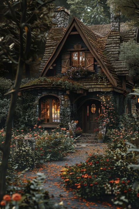 Dive into the enchanting world of Dark Cottagecore Houses, where moody aesthetics meet whimsical exteriors. This board is your ultimate source of inspiration for creating a home that feels like a fairy tale from a bygone era. Explore how the dark, rich tones of cottagecore can transform your space and garden into a magical retreat. From shadowy façades to lush, mysterious gardens, get ready to be inspired by the beauty of darkness infused with the charm of cottage life. Fairy Cottagecore House, Fairy Cottage House Dream Homes, Magical Cottage In The Woods, Cottagecore Big House, Dark Cottagecore Exterior, Cottage Home Garden, Big Garden House, Cottage Dream House, Cool Tone House