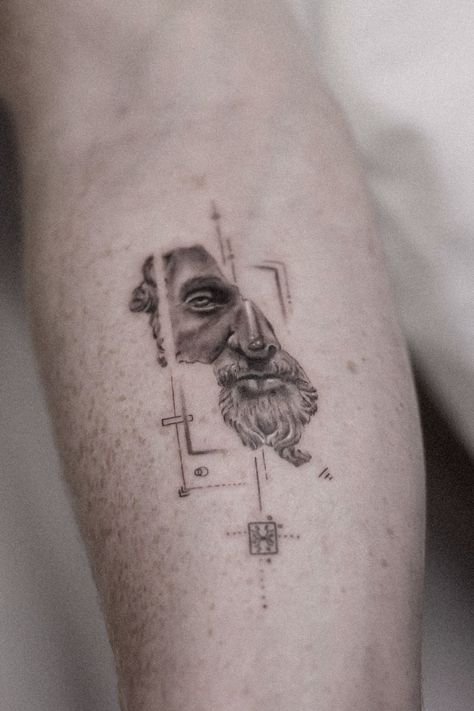 Grey Realism Tattoo, Minimal Greek Tattoo, Greek Mythology Tattoos Thigh, Marcus Aurelius Tattoo Design, Greek God Tattoos For Men, Microrealism Tattoo Men, Greek Mythology Tattoos Men, Simple Greek Tattoos, Fine Line Tattoo Men