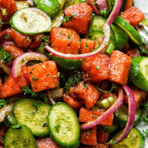 Watermelon Cucumber Salad - Plantifully Based Watermelon Cucumber Salad, Vegan Ribs, Too Hot To Cook, Scrambled Tofu Recipe, Curry Ramen, Summertime Snacks, Mozzarella Recipes, Mini Cucumbers, Grilled Tofu