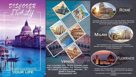 Italy travel brochure Italy Travel Brochure, Travel Brochure Design Layout, Travel Brochure Design Creative, Travel Brochure Ideas, Tourism Brochure Design, Leaflet Ideas, Travel Brochure Design, Travel Banner, Vacation Winter