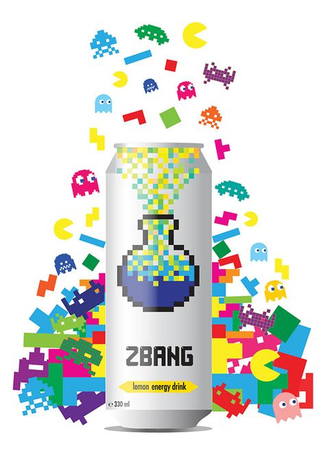 Pixel Packaging Design, Energy Drink Can Design Ideas, Energy Drink Branding Design, Energy Packaging Design, Energy Drinks Design, Energy Drink Branding, Energy Drink Packaging Design, Energy Drink Design, Video Games Characters