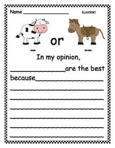 Opinion Writing: Favorite Farm Animals: Many more topics available - 7 pages $ @Jill Thom We could add something like this to our writing center? Description from pinterest.com. I searched for this on bing.com/images Opinion Writing Activities, Animal Writing, Argument Essay, Writing Essays, Farm Unit, 1st Grade Writing, First Grade Writing, Assignment Writing, Persuasive Essays